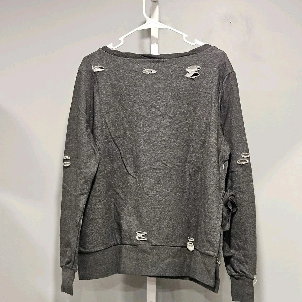 NWT Romeo & Juliet Couture Size M Distressed Sweatshirt Dk Gray Side Slit & Ties
